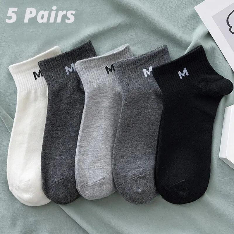 5 Pairs Men's Short Tube Socks Four Seasons Thin Letter M Series Solid Color Simple Versatile Light Mouth Low Top Boat Socks