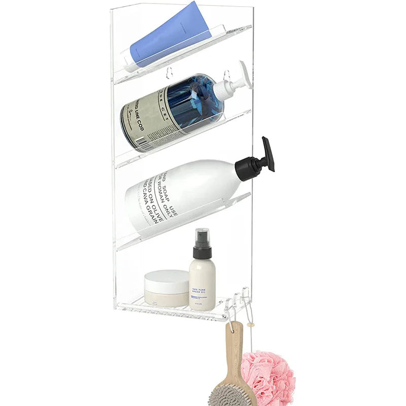 Rust Proof Wall Mounted No Drilling Adhesive Acrylic Bathroom Shower Caddy Shampoo Holder Organizer Shelf With Hooks