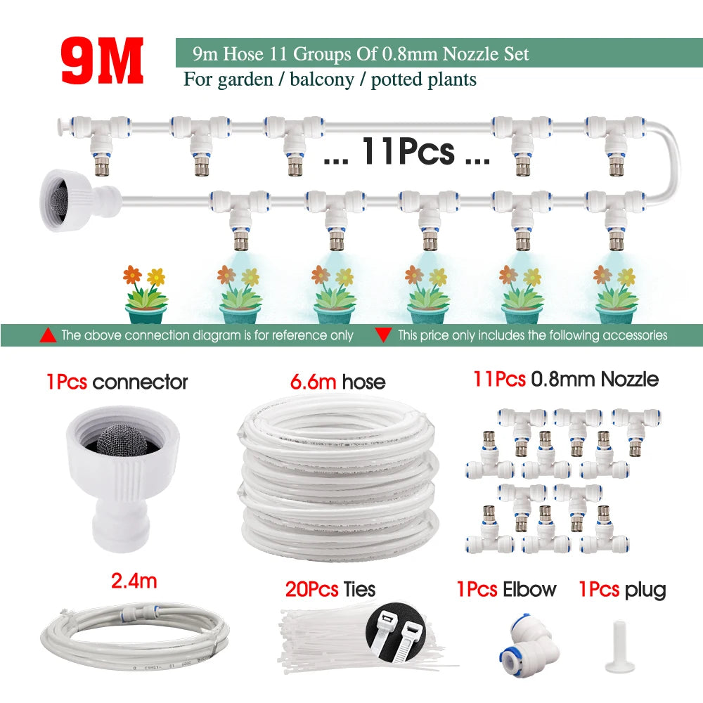 White 1/4" PE Hose 0.8mm 60W Self-Priming Pump Garden Misting Watering Irrigation Kits System Greenhouse Timer Automatic Sprayer