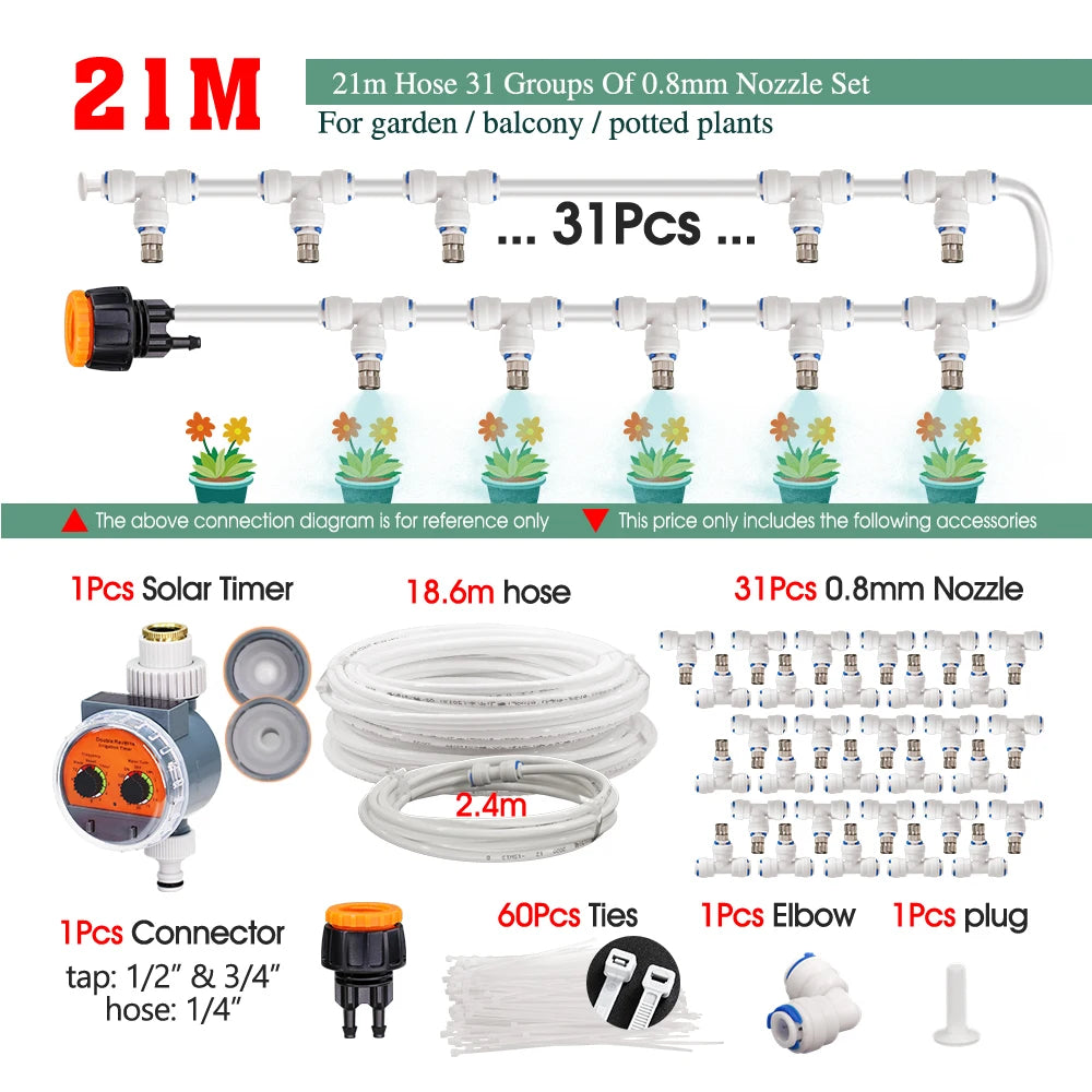 White 1/4" PE Hose 0.8mm 60W Self-Priming Pump Garden Misting Watering Irrigation Kits System Greenhouse Timer Automatic Sprayer