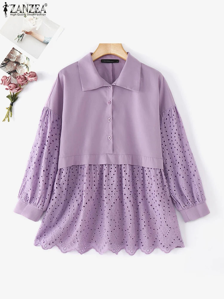 ZANZEA Elegant Lacing Splicing Shirts Women Long Sleeve Solid Blouses Fashion Lapel Collar Tops Holiday Spring Buttons Tunics