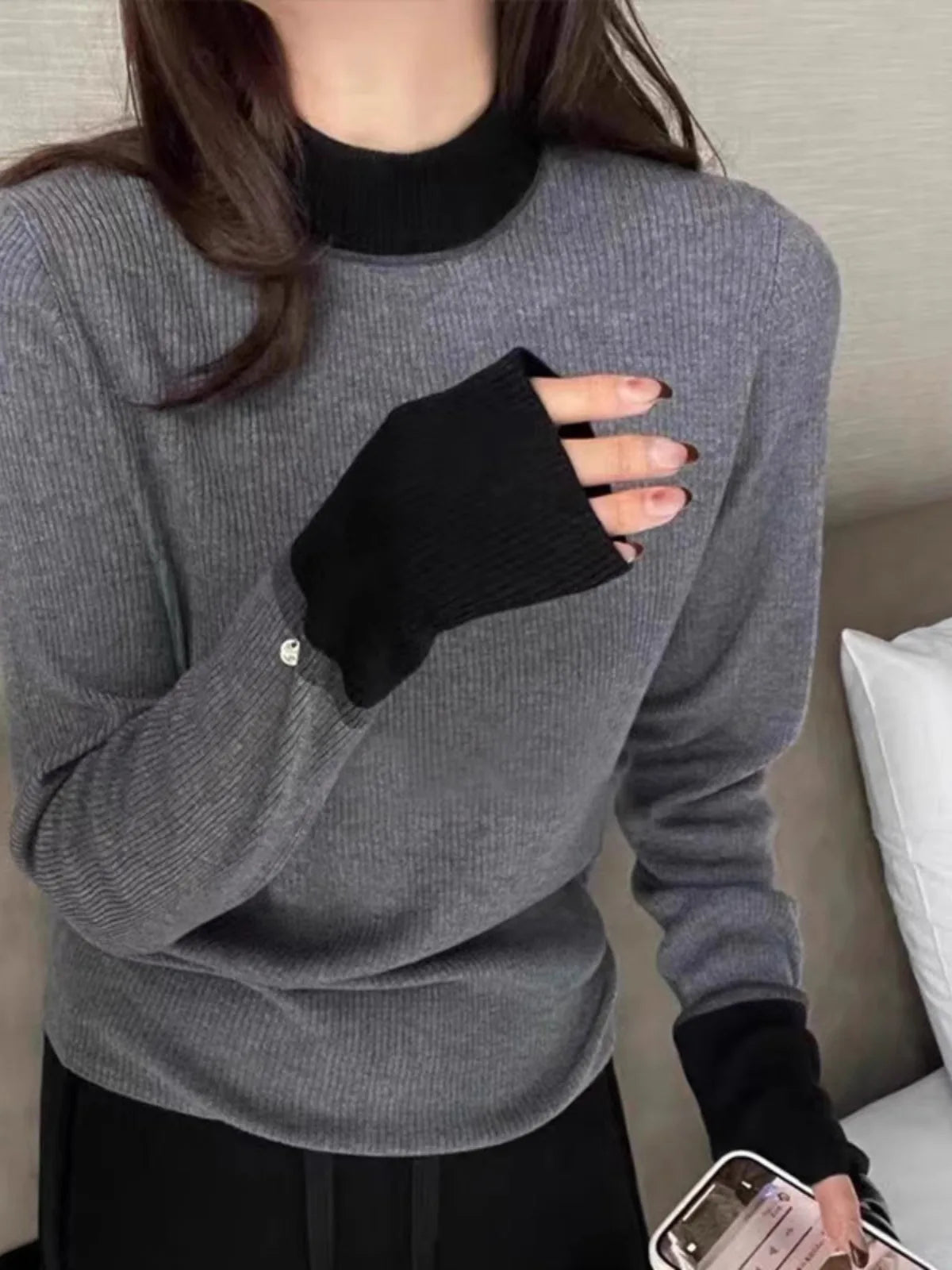 splicing wool knitwear women Europe station autumn and winter European women's fashion base small shirt cashmere sweater