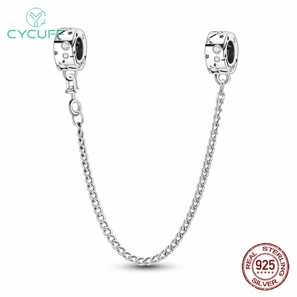 CYCUFF Real 925 Sterling Silver Stars & Moon Sunflower Safety Chains Spacer Beads Charms Fit 925 Original Bracelets DIY Jewelry