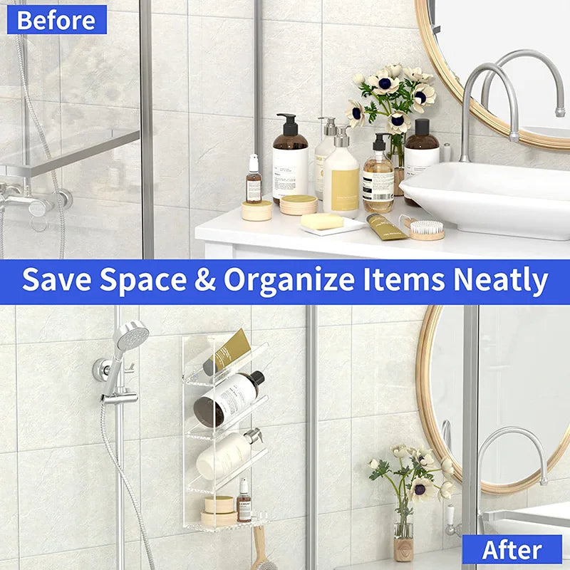 Rust Proof Wall Mounted No Drilling Adhesive Acrylic Bathroom Shower Caddy Shampoo Holder Organizer Shelf With Hooks