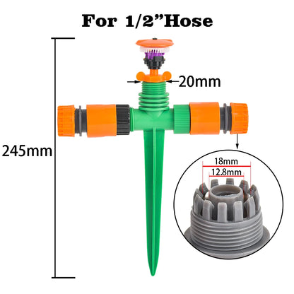 360-Degree Rotating Garden Sprinkler with Support - 1/2" Thread, Ideal for Lawns & Gardens, Durable Plastic, Watering & Irrigati