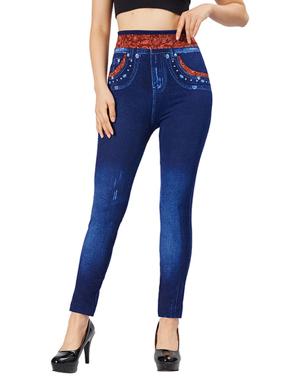 CUHAKCI Flame Flower Print Slim Fit Blue Jeggings Women's Casual  Pencil Pants Elastic Fake Pocket Jeans Workout Yoga Leggings