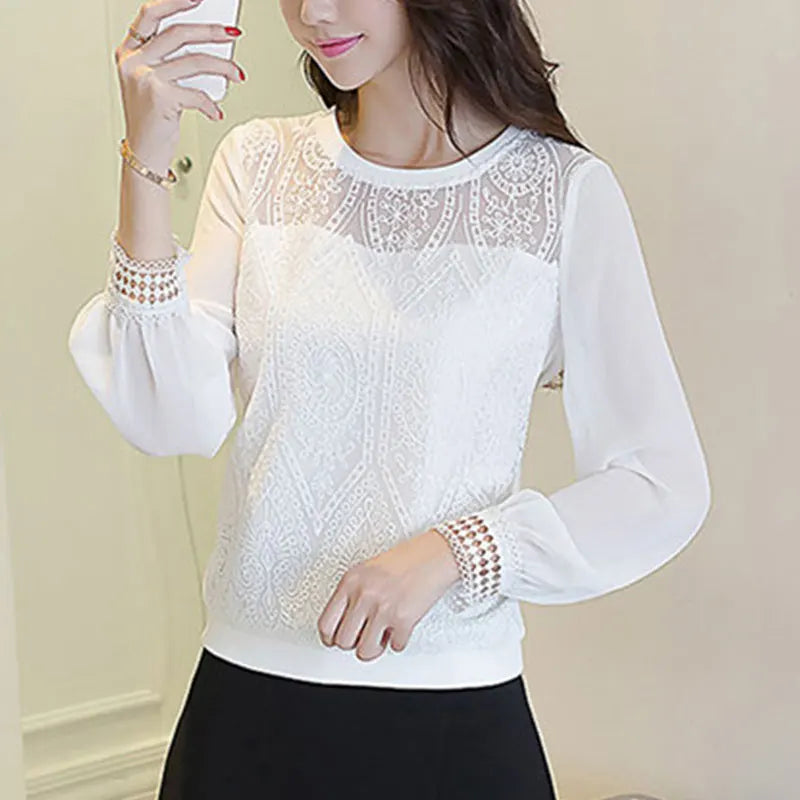 Women Autumn New Style Simplicity Solid Color Casual Office Lady Lace Chiffon Shirts Women Clothes Elegant Fashion Loose Tops