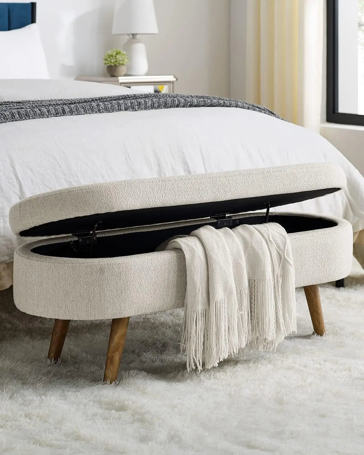 Oval Storage Bench 43.5" Linen Fabric Upholstered Entryway with Solid Wood Legs Ottoman Indoor