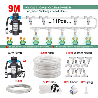 White 1/4" PE Hose 0.8mm 60W Self-Priming Pump Garden Misting Watering Irrigation Kits System Greenhouse Timer Automatic Sprayer