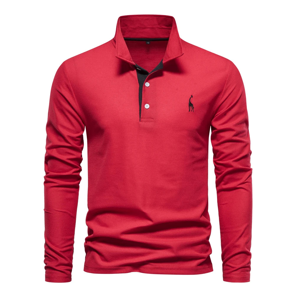 AIOPESON 2023 New Men's Deer Embroidery Polo Shirts Solid Color Long Sleeve Social Business Male