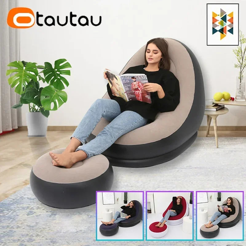 OTAUTAU Inflatable Lazy Sofa Chair PVC Flocking Foldable Sofa with Slip-on Lunch Lounge Chair Set