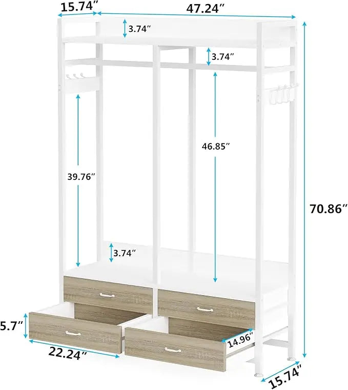 Freestanding Closet Organizer for Hanging Clothes, Heavy Duty Garment Rack with 4 Drawers, 8 Hooks and Storage Shelves