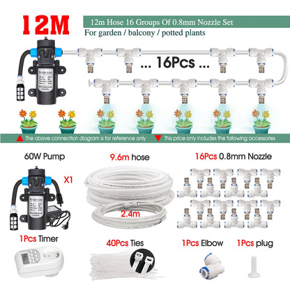 White 1/4" PE Hose 0.8mm 60W Self-Priming Pump Garden Misting Watering Irrigation Kits System Greenhouse Timer Automatic Sprayer