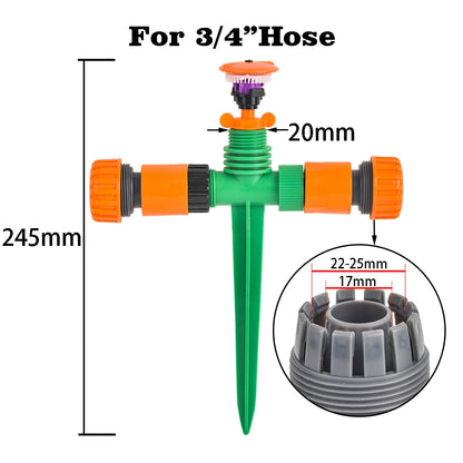 360-Degree Rotating Garden Sprinkler with Support - 1/2" Thread, Ideal for Lawns & Gardens, Durable Plastic, Watering & Irrigati