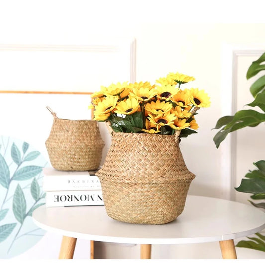 2024 Grass Handmade Weaving Storage Basket Flower Pot Handheld Vegetable Basket Hand Jacquard Pot Cover Home Decoration