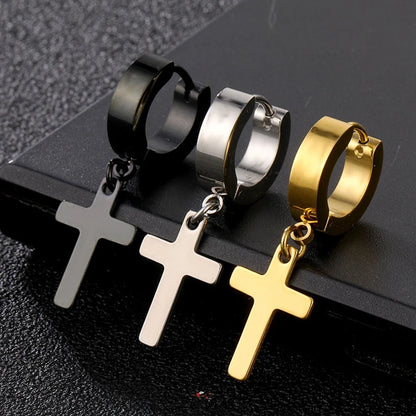 2pc Stainless Steel Men Cross Stars Punk Dangle Earrings Gothic Woman Cross Ear Hoop Earrings Huggies Pendant Piercing Jewelry