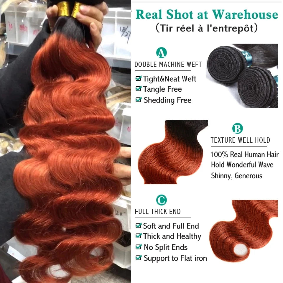 1b/350 Hair Bundles With Closure Ombre 1B/orange Brazilian Body Wave  Human Hair 3 Bundles Unprocessed Orange Burnt Brown Bundle