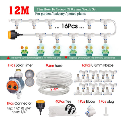 White 1/4" PE Hose 0.8mm 60W Self-Priming Pump Garden Misting Watering Irrigation Kits System Greenhouse Timer Automatic Sprayer