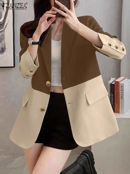 Fashion Women Blazer ZANZEA Autumn Elegant OL Work Suits Stylish Long Sleeve Contrast Color Jackets Casual Officewear Blazer