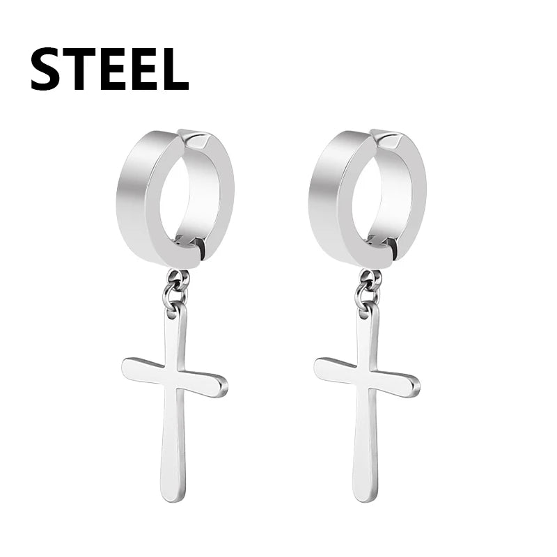 2pc Stainless Steel Men Cross Stars Punk Dangle Earrings Gothic Woman Cross Ear Hoop Earrings Huggies Pendant Piercing Jewelry