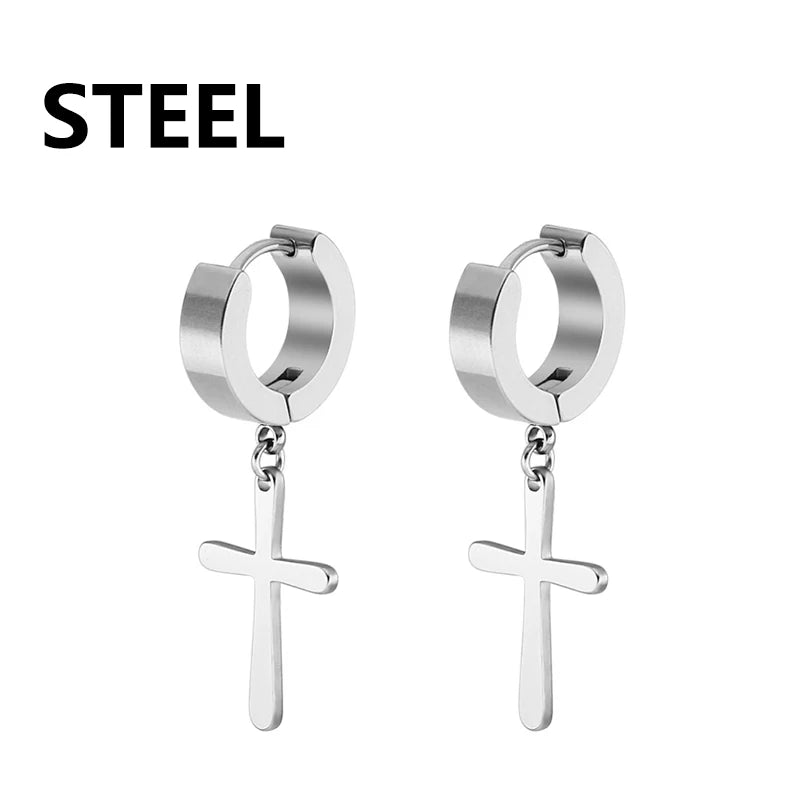 2pc Stainless Steel Men Cross Stars Punk Dangle Earrings Gothic Woman Cross Ear Hoop Earrings Huggies Pendant Piercing Jewelry