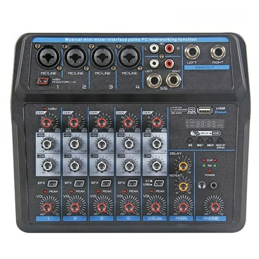 USB 6 Channel Audio Mixer Audio DJ Mixer Digital Sound Board Console with Sound Card Bluetooth 48V Phantom Power DJ Equipment