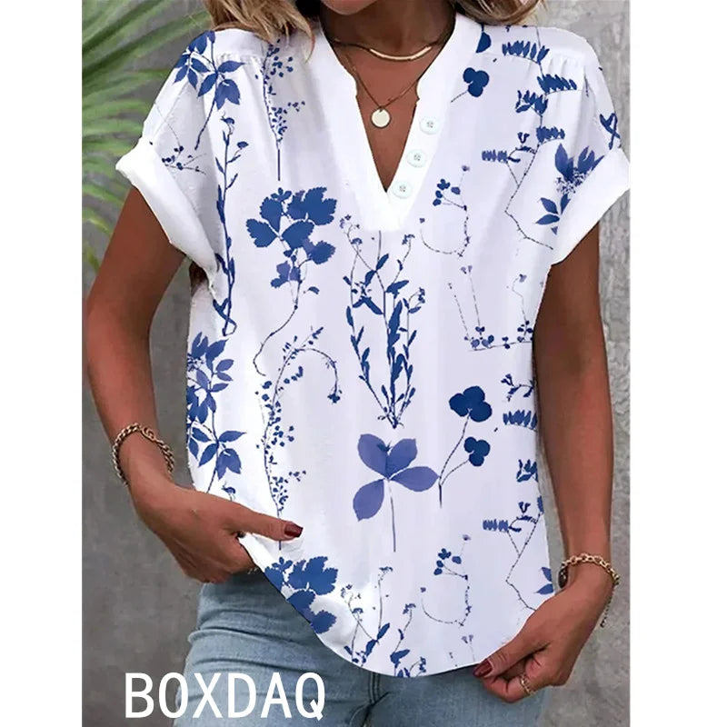 Fashion Women Beach Party Simple Shirt Fashion Solid Color V-neck Short Sleeved Casual Blouse Tops Summer New Office Lady Blouse