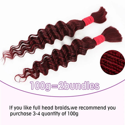 22Inch 100% Human Hair Bundle No Weft Deep Wave Curly Brazilian Virgin Hair for Boho Braid Burgundy 1 2 3 Bundles Hair for Women