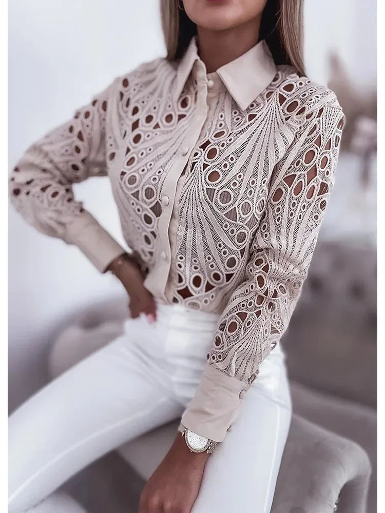 Fashion New Lace Hollow Long Sleeve Shirt Tops For Women Spring Autumn Lapel Elegant Office Lady Blouse Top Casual Button Shirts