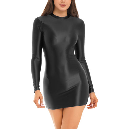 Womens Oily Shiny Glossy Elastic Tights Dress Club Wear Solid Color Stretchy Mock Neck Glossy Long Sleeve Mini Bodycon Dress