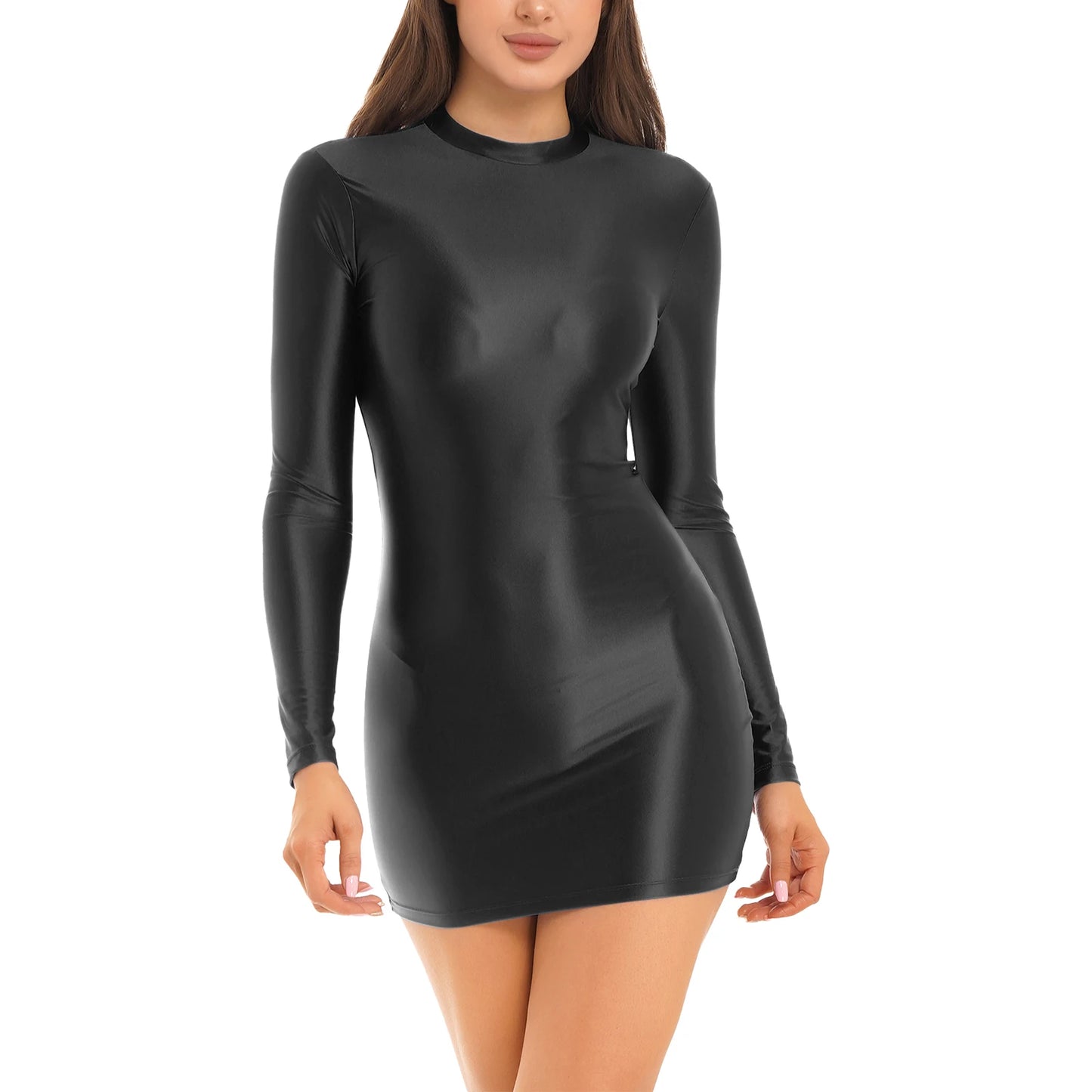 Womens Oily Shiny Glossy Elastic Tights Dress Club Wear Solid Color Stretchy Mock Neck Glossy Long Sleeve Mini Bodycon Dress