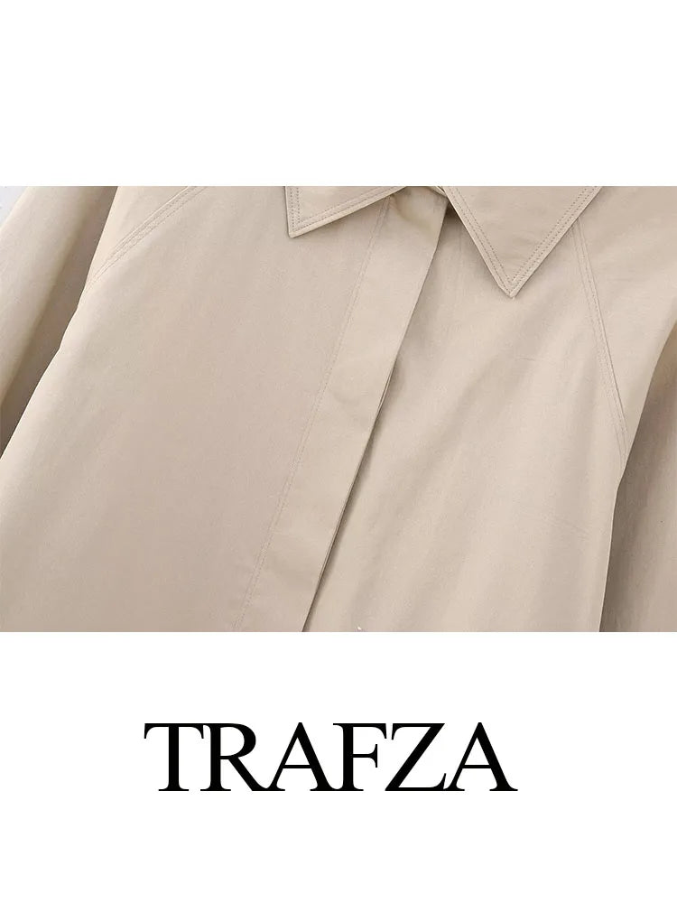 TRAFZA Spring Fashion Women Jacket Solid Turn-Down Collar Long Sleeves Pocket Single Breasted Female Street Style Loose Coats