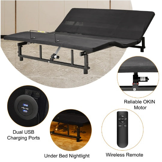 Adjustable Bed Base Frame Head And Foot Incline Quiet Motor King Size Zero Gravity, 4 Ports USB, Under-Bed Nightlight