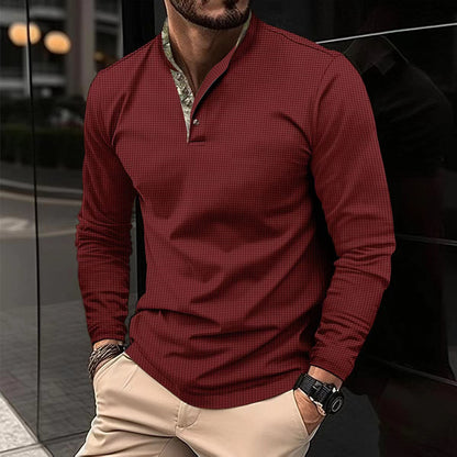 Men's Double Layer Lapel Polo Shirt Fashion Waffle Long-sleeved Tops Clothing