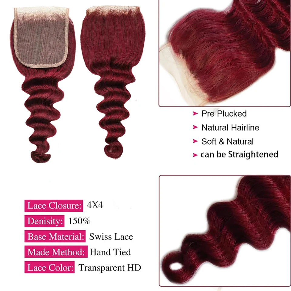 Burgundy Bundles with Closure 99j Loose Deep wave Human Hair with 4x4 lace closure Free Part  Virgin Raw Hair Extensions