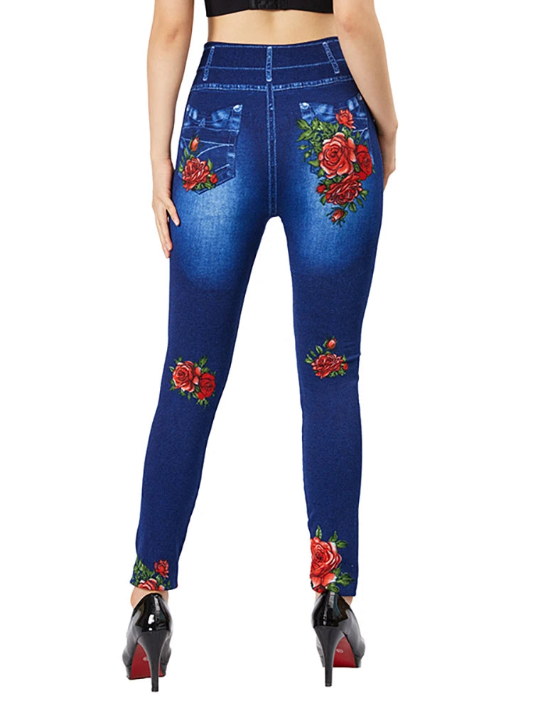 CUHAKCI Flame Flower Print Slim Fit Blue Jeggings Women's Casual  Pencil Pants Elastic Fake Pocket Jeans Workout Yoga Leggings