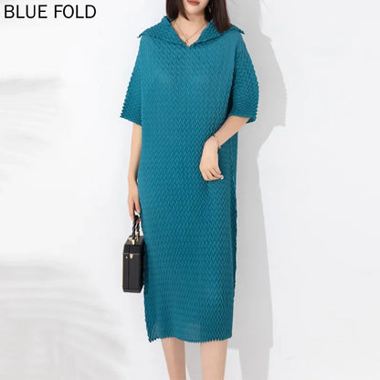 MIYAKE-Pleated Large Size Dress Handmade Herringbone Pleats V-neck Retro Loose Lapel Elegant New Fashion Style Spring and Autumn