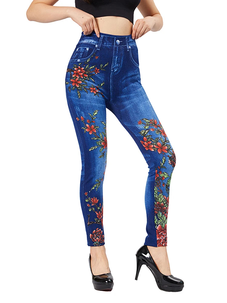 CUHAKCI Flame Flower Print Slim Fit Blue Jeggings Women's Casual  Pencil Pants Elastic Fake Pocket Jeans Workout Yoga Leggings