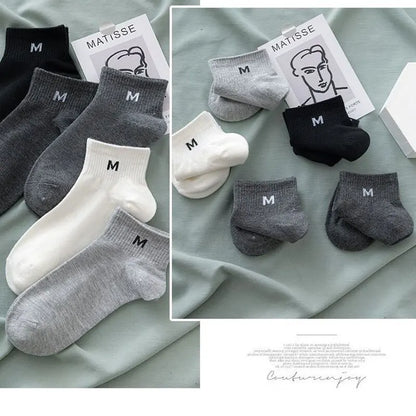 5 Pairs Men's Short Tube Socks Four Seasons Thin Letter M Series Solid Color Simple Versatile Light Mouth Low Top Boat Socks