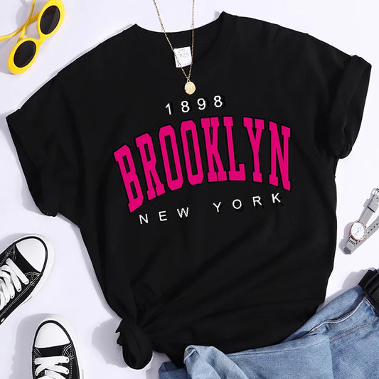 2023 New Summer Women T Shirt 1898 Brooklyn New York Print Short Sleeve T-Shirts Warm Casual Streetwear Hip Hop Y2k Clothes Tops