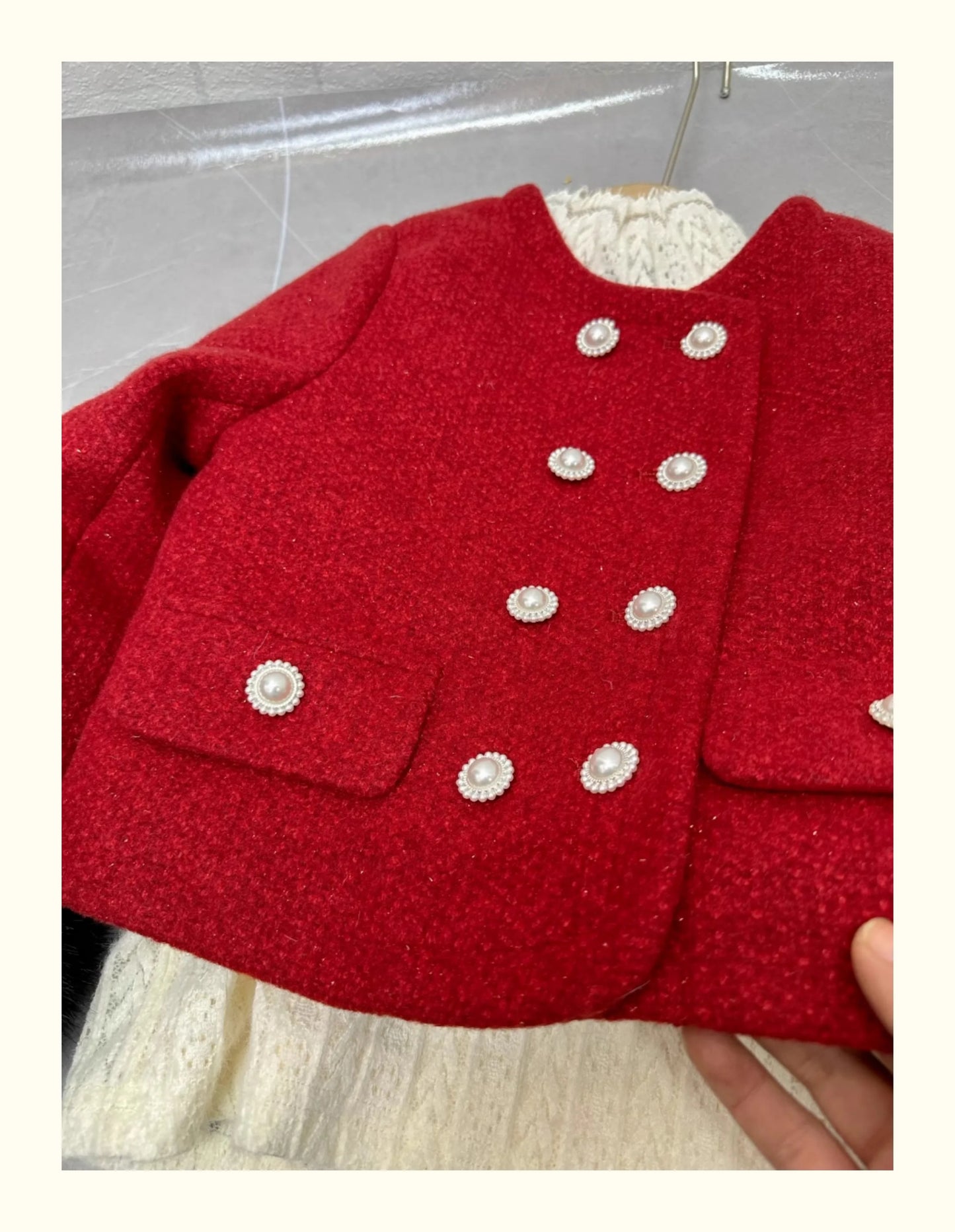 design Autumn Winter baby Girl Clothes Set Fur cuff round neck coarse woolen cotton jacket+skirt 2pcs christmas kid suit outfits