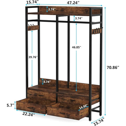 Freestanding Closet Organizer for Hanging Clothes, Heavy Duty Garment Rack with 4 Drawers, 8 Hooks and Storage Shelves