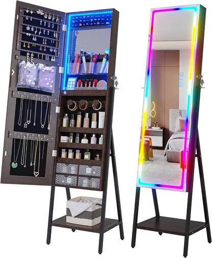 RGB LED Mirror Jewelry Cabinet,Standing Jewelry Armoire Organizer Full Length Mirror with Storage, Lockable Jewelry Mirror