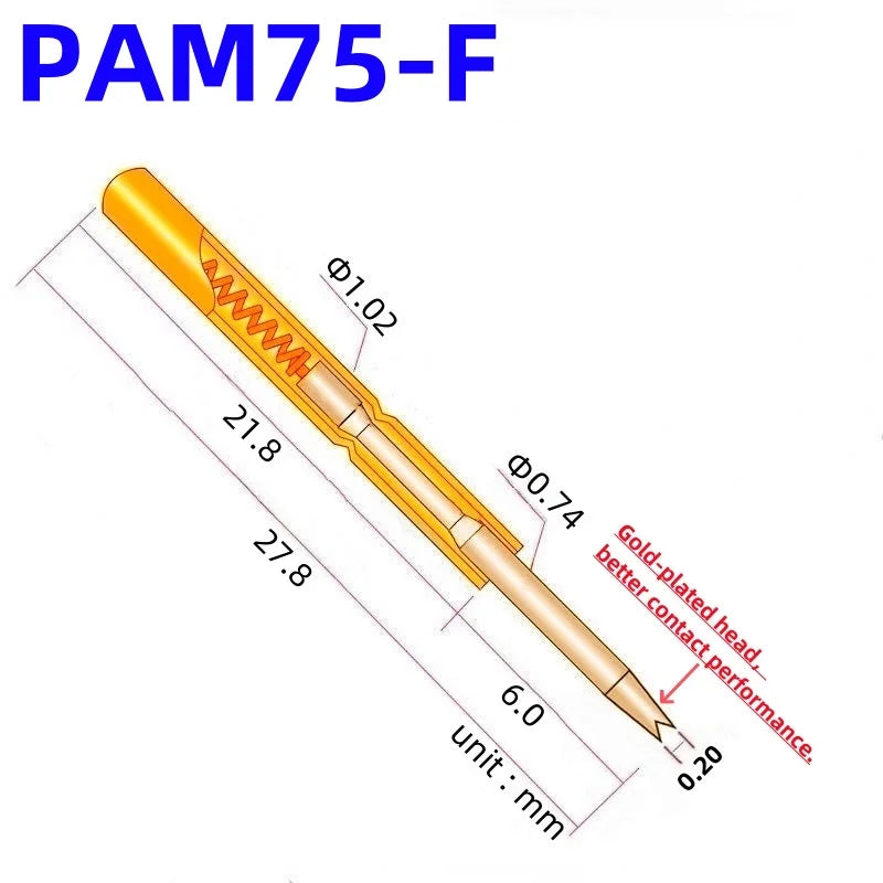 100PCS PAM75-F1 Spring Test Probe PAM75-F Test Pin PM75-F PM75-F1 Test Tool 27.8mm 1.02mm Needle Gold Tip Dia 0.74mm Pogo Pin