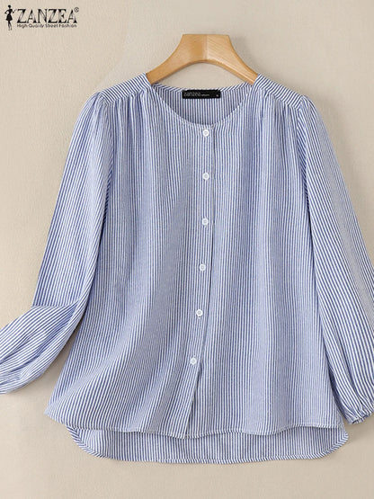 ZANZEA Women Autumn Long Lantern Sleeve Blouse Elegant Striped Work Shirt Fashion Buttons Down Blusas Female Loose Holiday Tops