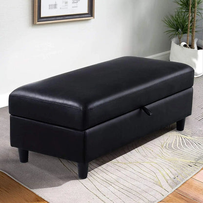 45 inch Faux Leather Storage Bench Ottoman Rectangular Leather Bench with Storage Black Ottoman with Hydraulic Rod