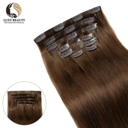 Invisible PU Clip In Hair Extensions Human Hair Injected PU Tape Weft Hair Extensions Brown Blonde Black Clip On Hair 7Pcs/set