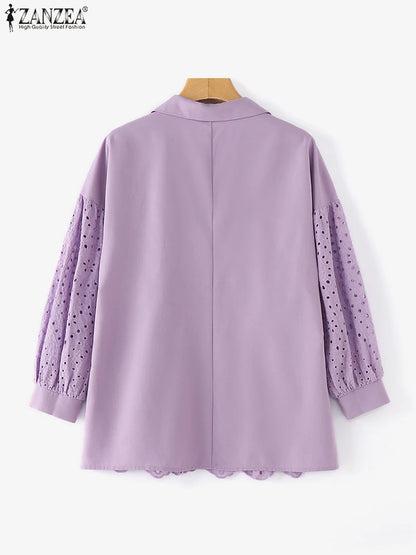 ZANZEA Elegant Lacing Splicing Shirts Women Long Sleeve Solid Blouses Fashion Lapel Collar Tops Holiday Spring Buttons Tunics