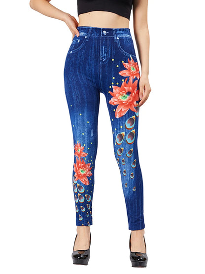 CUHAKCI Flame Flower Print Slim Fit Blue Jeggings Women's Casual  Pencil Pants Elastic Fake Pocket Jeans Workout Yoga Leggings