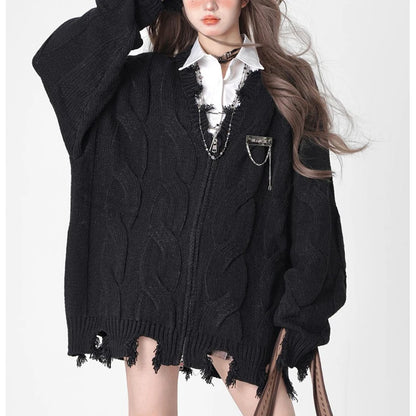 Women Casual Streetwear Oversized Harajuku Gothic Zipper Knitted Cardigan Vintage Y2K Fairy V Neck Long Sleeve Chic Sweater Coat